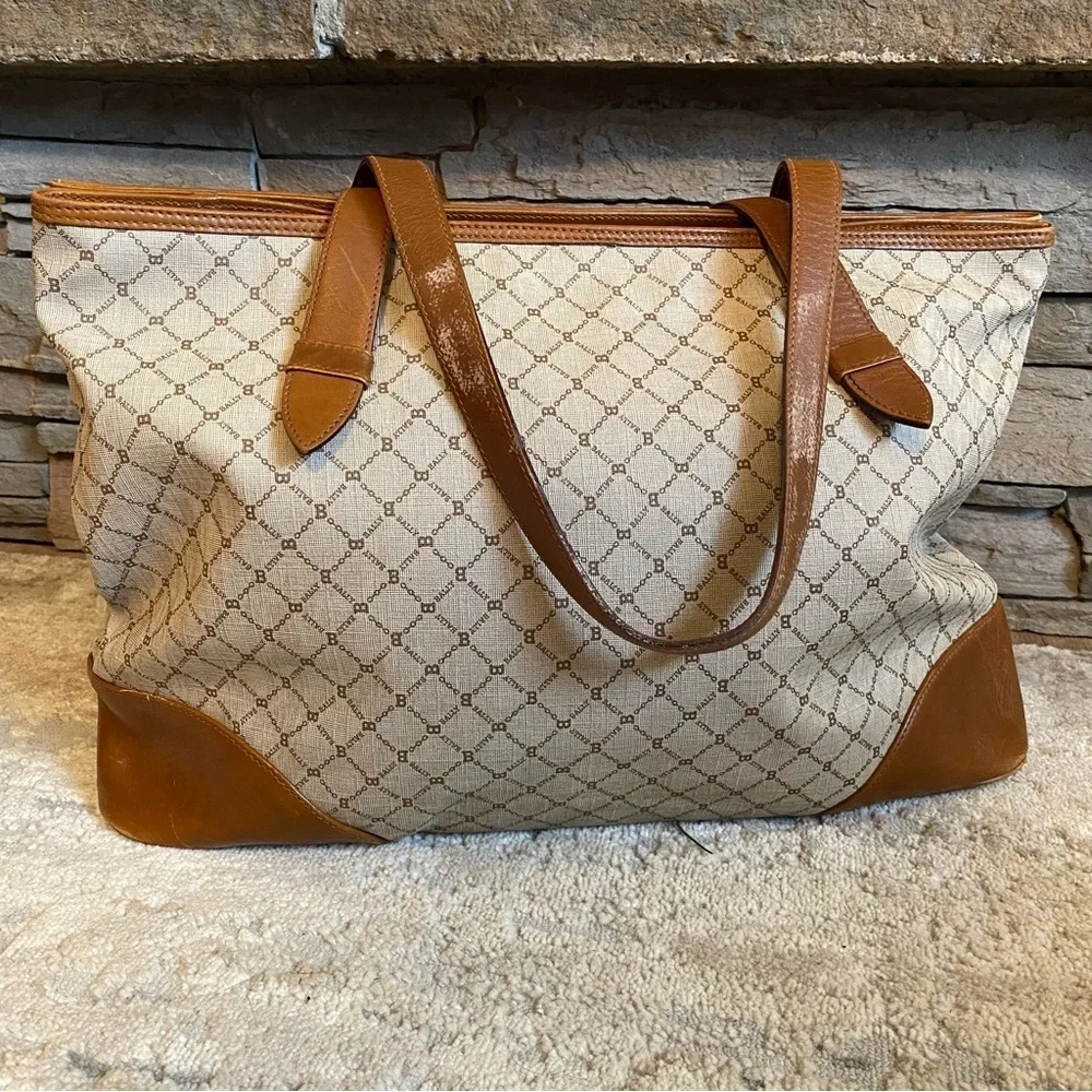 Bally Vintage RARE Monogrammed B Medium Tote Bag Purse Handbag Brown Tan Leather